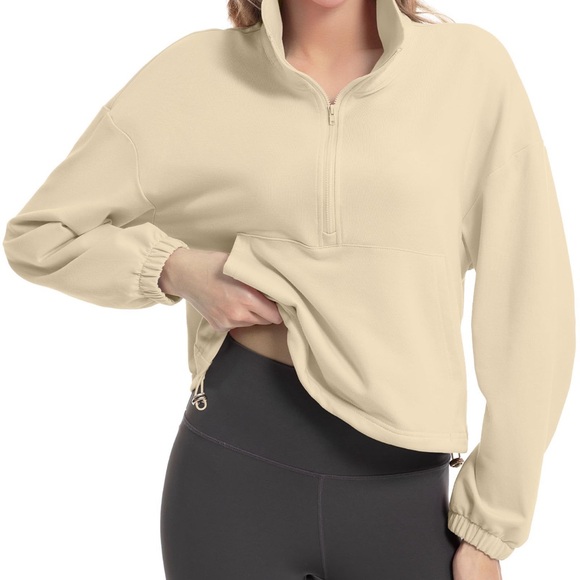 Quarter Zip Pullover Women Cropped Sweatshirt Long Sleeve w/Drawstring - Picture 3 of 7